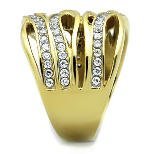 Women Stainless Steel Cubic Zirconia Ring with Two-Tone IP Gold Finish, featuring sparkling clear stones.