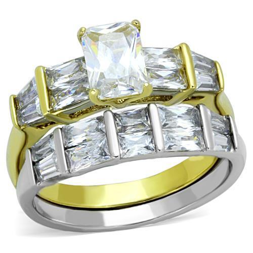 Women Stainless Steel Cubic Zirconia Ring TK1708 with two-tone gold finish and sparkling clear stones.