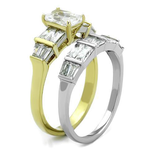 Women Stainless Steel Cubic Zirconia Ring TK1708 with two-tone gold finish and sparkling clear stones.