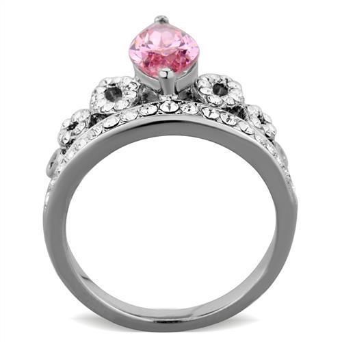 Women Stainless Steel Cubic Zirconia Ring with a rose design, showcasing its high polish finish and sparkling stones.