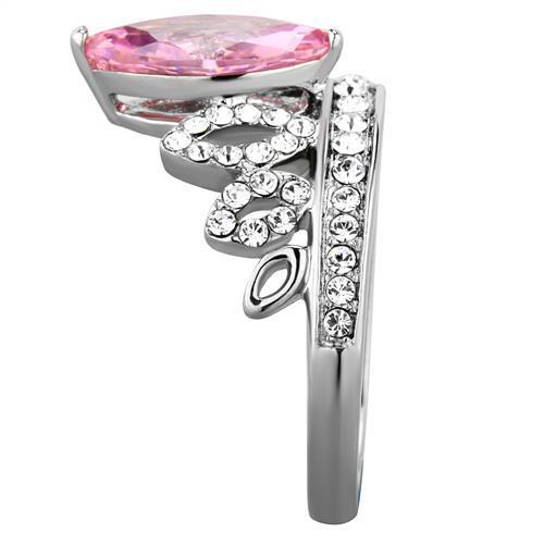 Women Stainless Steel Cubic Zirconia Ring with a rose design, showcasing its high polish finish and sparkling stones.