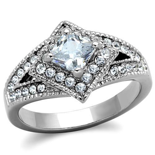 Elegant Women Stainless Steel Ring with Clear Cubic Zirconia, high-polished finish, showcasing its stunning design.