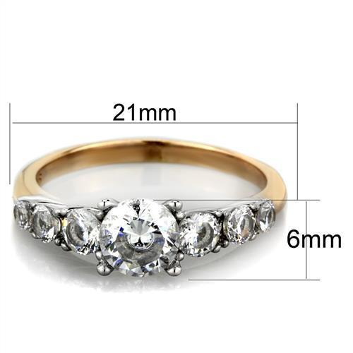 Women Stainless Steel Cubic Zirconia Ring with Two-Tone IP Rose Gold Finish, showcasing clear sparkling stones.