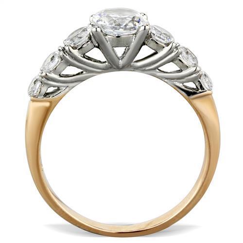 Women Stainless Steel Cubic Zirconia Ring with Two-Tone IP Rose Gold Finish, showcasing clear sparkling stones.