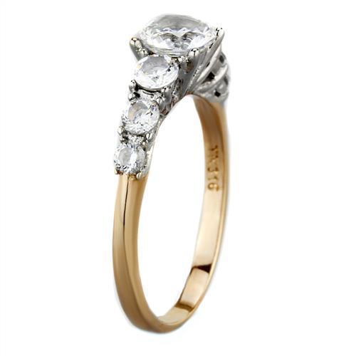 Women Stainless Steel Cubic Zirconia Ring with Two-Tone IP Rose Gold Finish, showcasing clear sparkling stones.