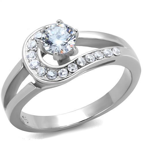 Elegant women's stainless steel ring with cubic zirconia stones, showcasing a high-polished finish and clear brilliance.