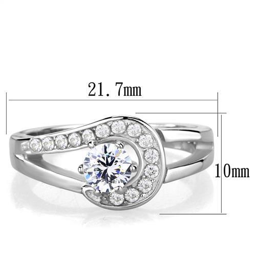 Elegant women's stainless steel ring with cubic zirconia stones, showcasing a high-polished finish and clear brilliance.