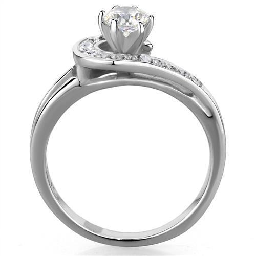 Elegant women's stainless steel ring with cubic zirconia stones, showcasing a high-polished finish and clear brilliance.