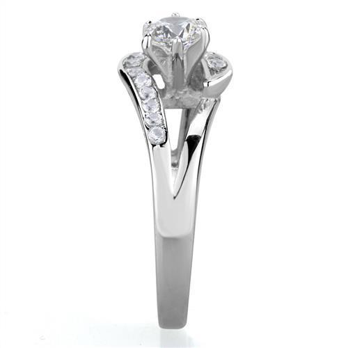 Elegant women's stainless steel ring with cubic zirconia stones, showcasing a high-polished finish and clear brilliance.