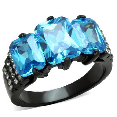 Women Stainless Steel Ring with Sea Blue Cubic Zirconia and IP Black Ion Plating, showcasing elegance and durability.