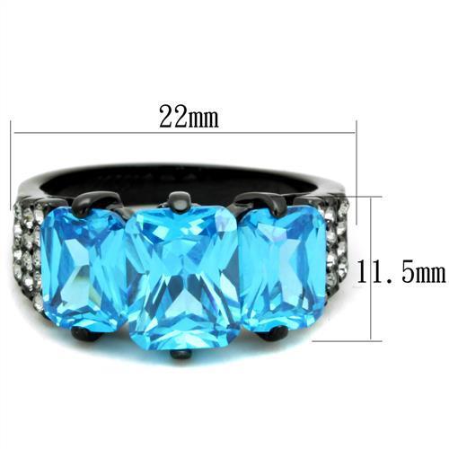 Women Stainless Steel Ring with Sea Blue Cubic Zirconia and IP Black Ion Plating, showcasing elegance and durability.