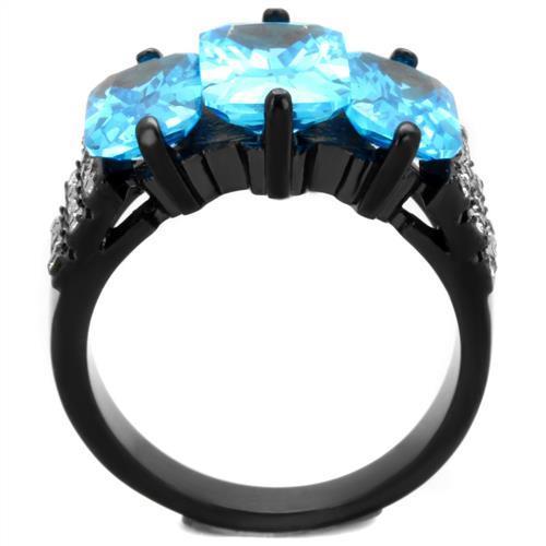 Women Stainless Steel Ring with Sea Blue Cubic Zirconia and IP Black Ion Plating, showcasing elegance and durability.