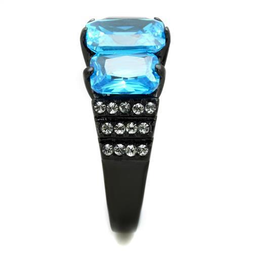 Women Stainless Steel Ring with Sea Blue Cubic Zirconia and IP Black Ion Plating, showcasing elegance and durability.