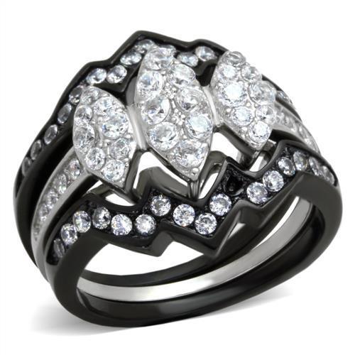 Elegant two-tone stainless steel ring with cubic zirconia stones, designed for women.