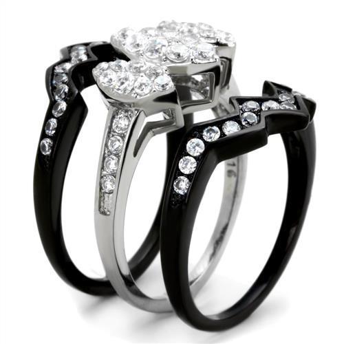 Elegant two-tone stainless steel ring with cubic zirconia stones, designed for women.