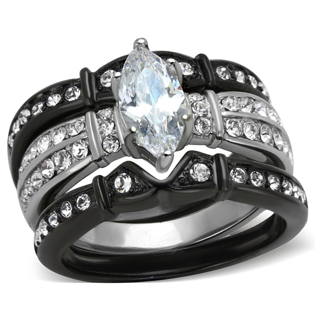 Elegant two-tone stainless steel ring with cubic zirconia stones for women.