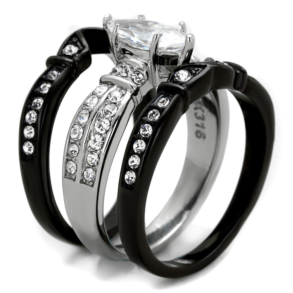 Elegant two-tone stainless steel ring with cubic zirconia stones for women.