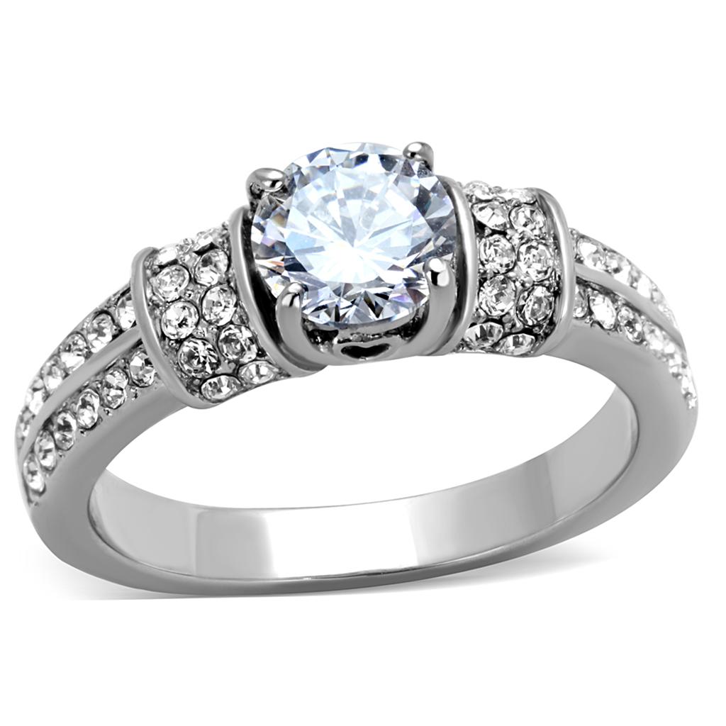 Elegant Women Stainless Steel Ring with Cubic Zirconia, high-polished finish, showcasing its sparkling stones.