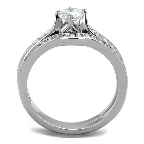 Women Stainless Steel Ring with Clear Cubic Zirconia, high-polished finish, elegant design.