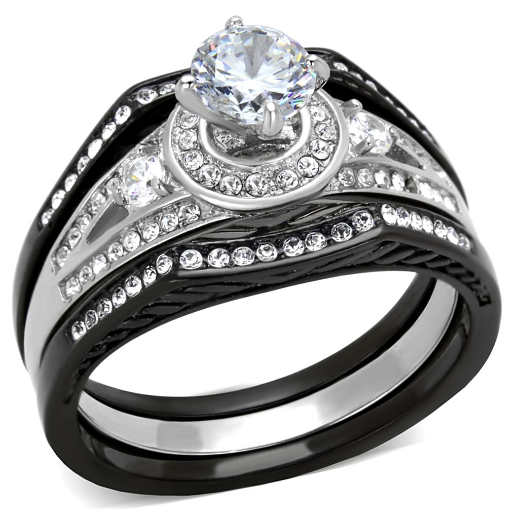 Women Stainless Steel Cubic Zirconia Ring TK2044 featuring a two-tone IP black finish and sparkling clear stones.