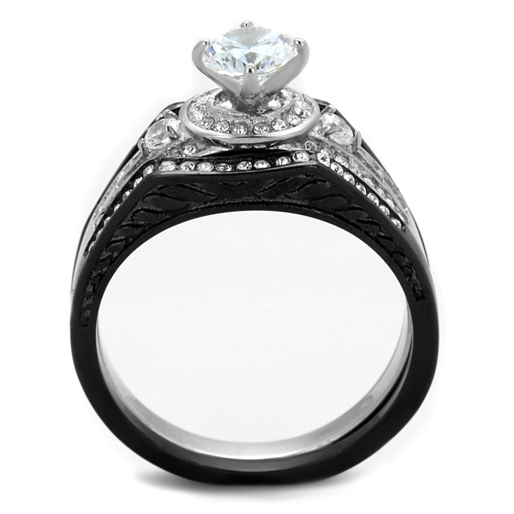 Women Stainless Steel Cubic Zirconia Ring TK2044 featuring a two-tone IP black finish and sparkling clear stones.