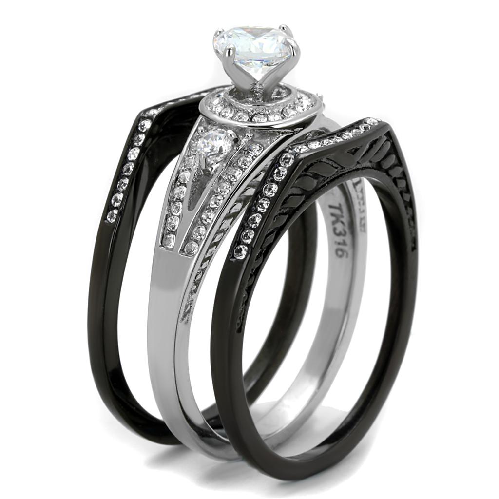 Women Stainless Steel Cubic Zirconia Ring TK2044 featuring a two-tone IP black finish and sparkling clear stones.