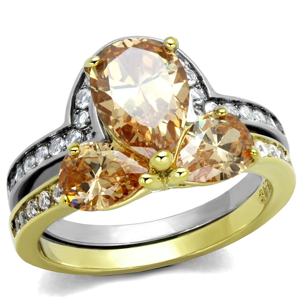 Elegant Women Stainless Steel Cubic Zirconia Ring with two-tone gold plating and champagne accents, showcasing its sparkling stones.