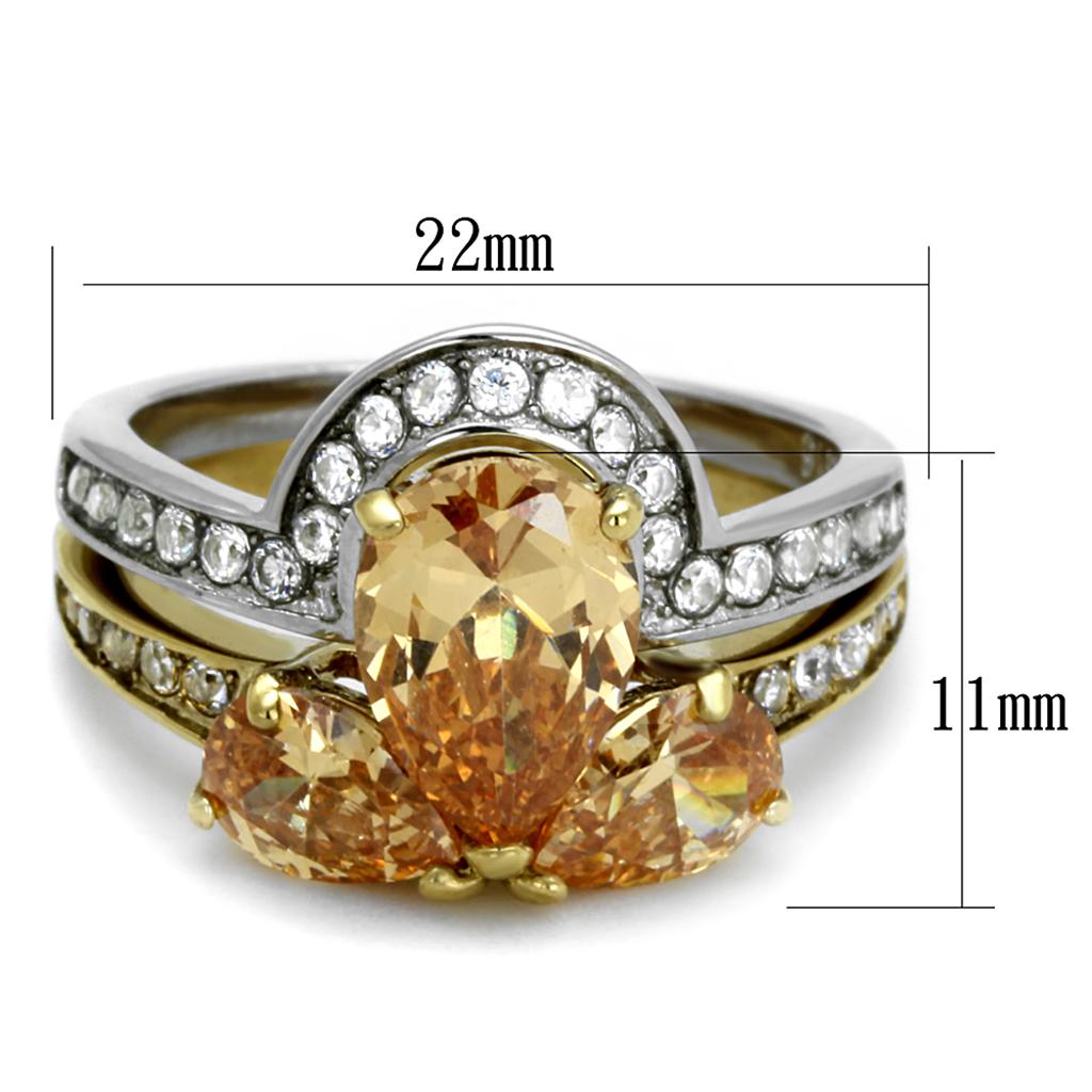 Elegant Women Stainless Steel Cubic Zirconia Ring with two-tone gold plating and champagne accents, showcasing its sparkling stones.