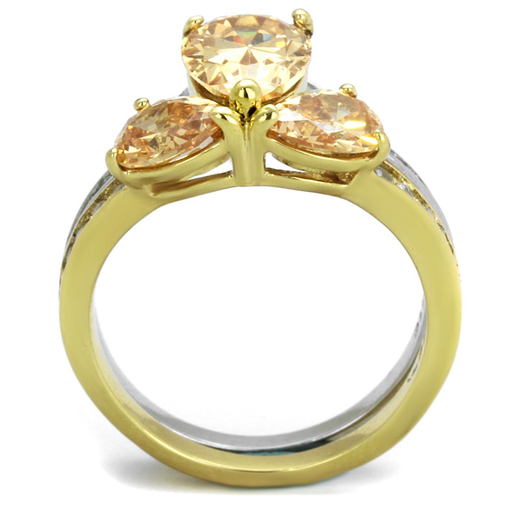 Elegant Women Stainless Steel Cubic Zirconia Ring with two-tone gold plating and champagne accents, showcasing its sparkling stones.