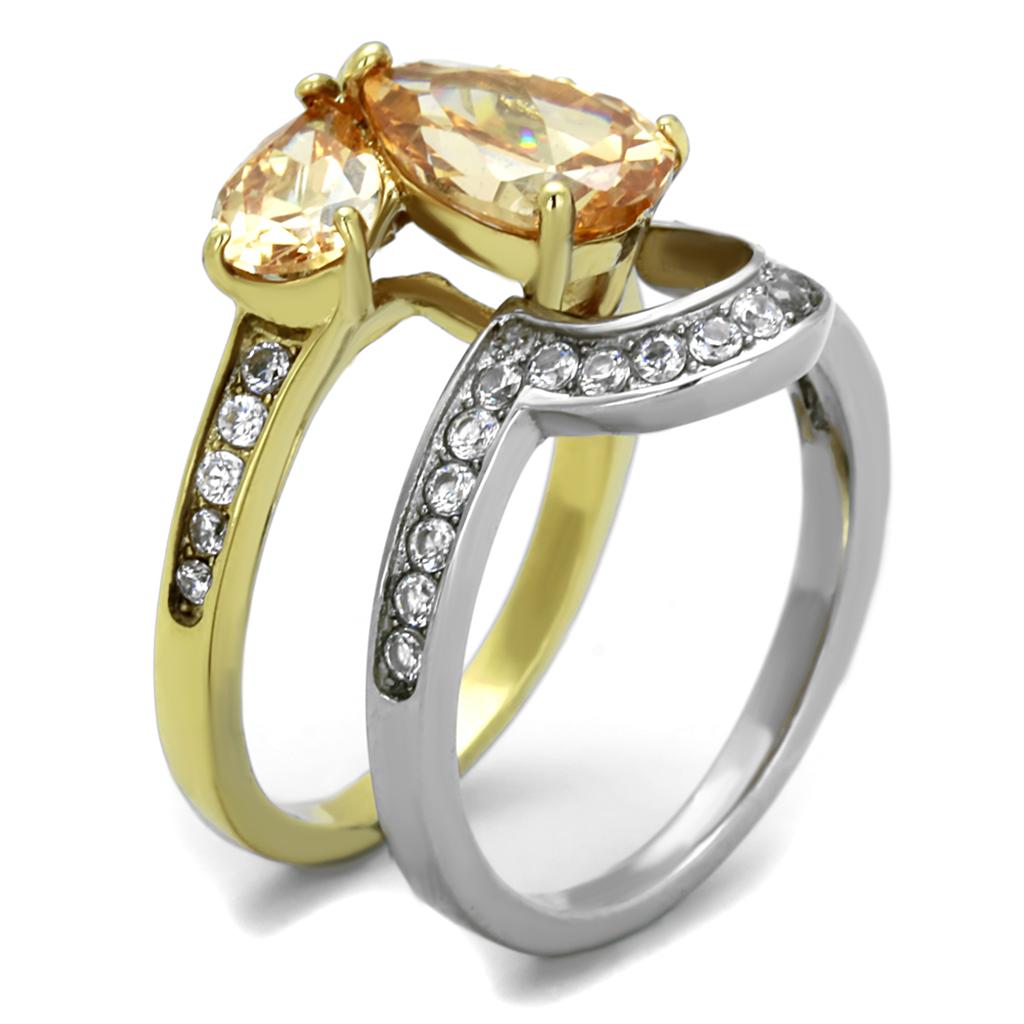 Elegant Women Stainless Steel Cubic Zirconia Ring with two-tone gold plating and champagne accents, showcasing its sparkling stones.