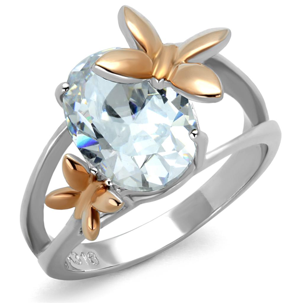 Elegant Women Stainless Steel Ring with Cubic Zirconia in Two-Tone IP Rose Gold finish.