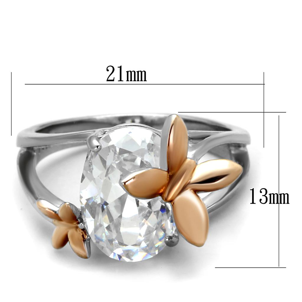 Elegant Women Stainless Steel Ring with Cubic Zirconia in Two-Tone IP Rose Gold finish.