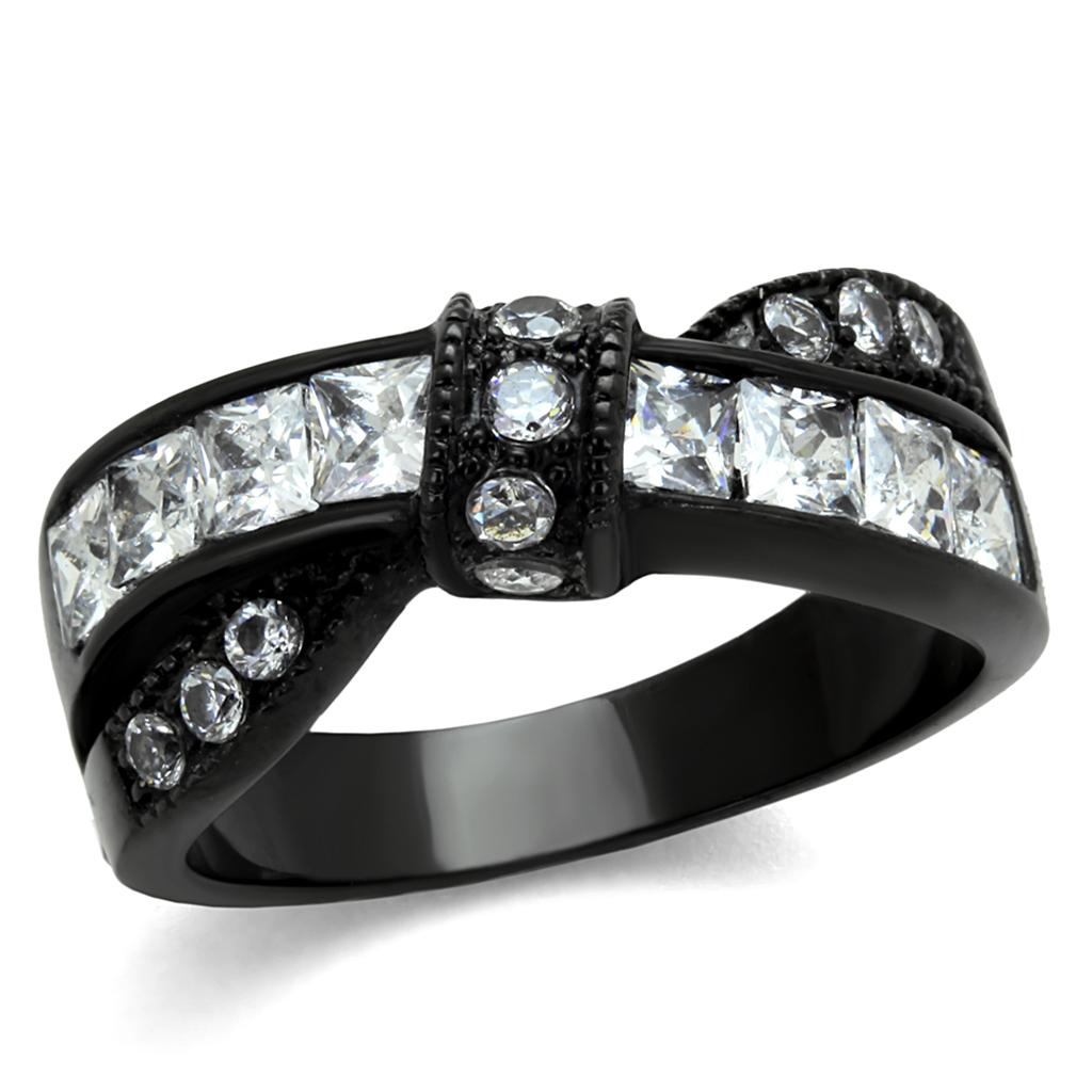 Elegant Women Stainless Steel Ring with Cubic Zirconia, featuring IP Black ion plating for a sophisticated look.