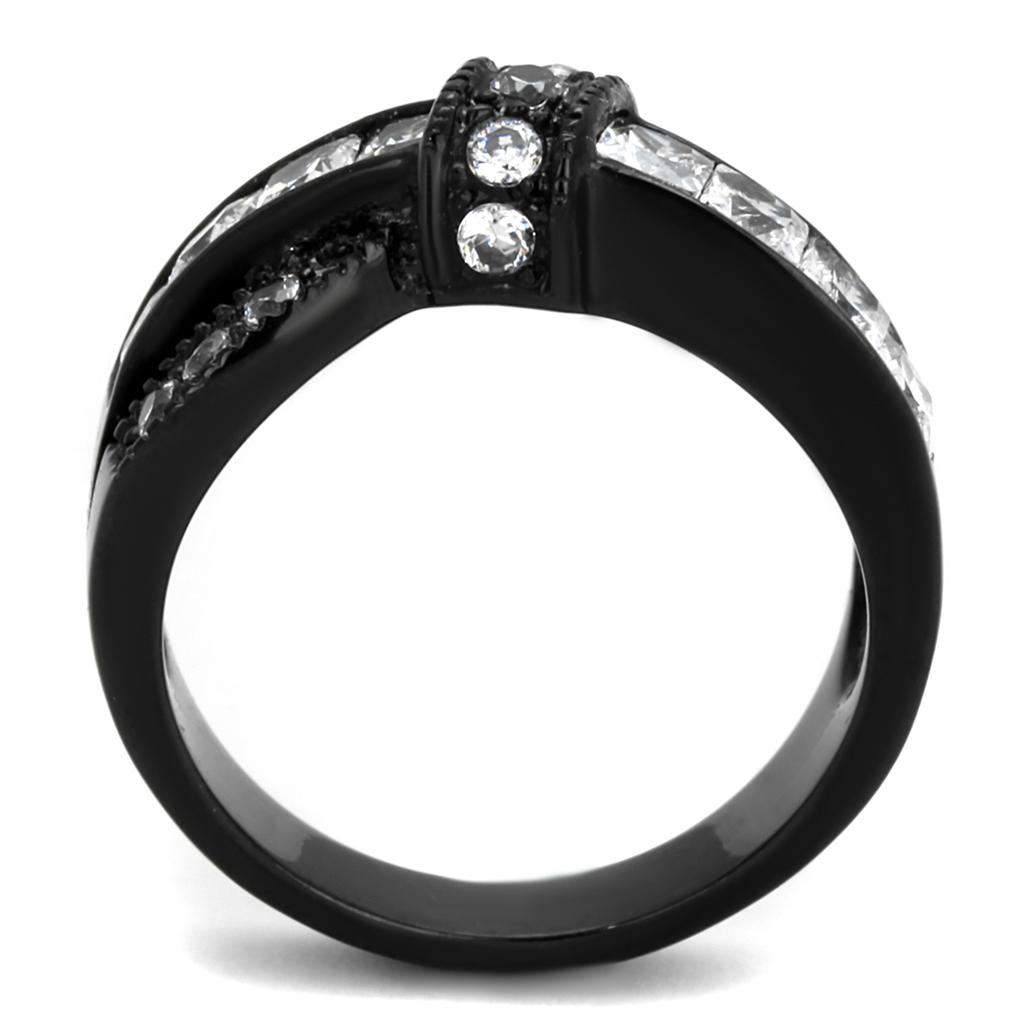 Elegant Women Stainless Steel Ring with Cubic Zirconia, featuring IP Black ion plating for a sophisticated look.