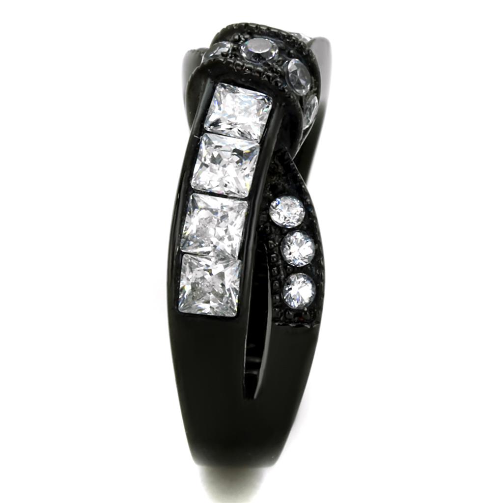 Elegant Women Stainless Steel Ring with Cubic Zirconia, featuring IP Black ion plating for a sophisticated look.