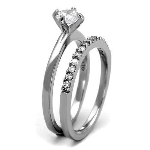 Women Stainless Steel Ring with Clear Cubic Zirconia, high-polished finish, elegant design.