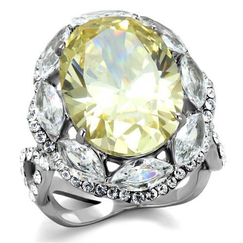 Elegant Women Stainless Steel Ring with Citrine Yellow Cubic Zirconia, high polished finish.