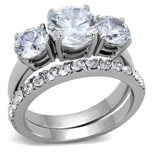 Elegant Women Stainless Steel Ring with Clear Cubic Zirconia Stones, high-polished finish, perfect for everyday wear.