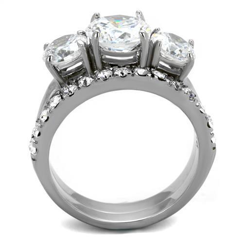 Elegant Women Stainless Steel Ring with Clear Cubic Zirconia Stones, high-polished finish, perfect for everyday wear.