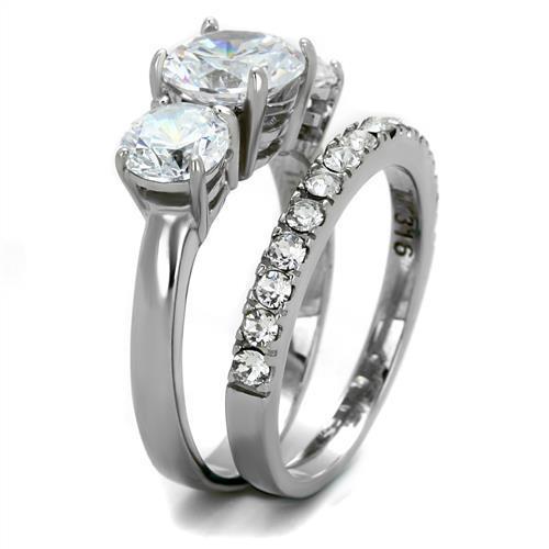 Elegant Women Stainless Steel Ring with Clear Cubic Zirconia Stones, high-polished finish, perfect for everyday wear.