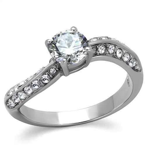 Elegant Women Stainless Steel Ring with Clear Cubic Zirconia, high-polished finish, showcasing its brilliance and design.