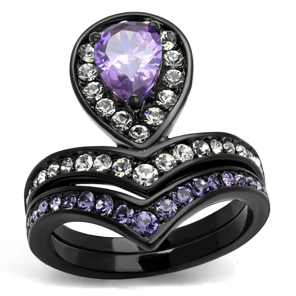 Elegant Women Stainless Steel Ring with Cubic Zirconia and Amethyst, featuring IP Black Ion Plating.