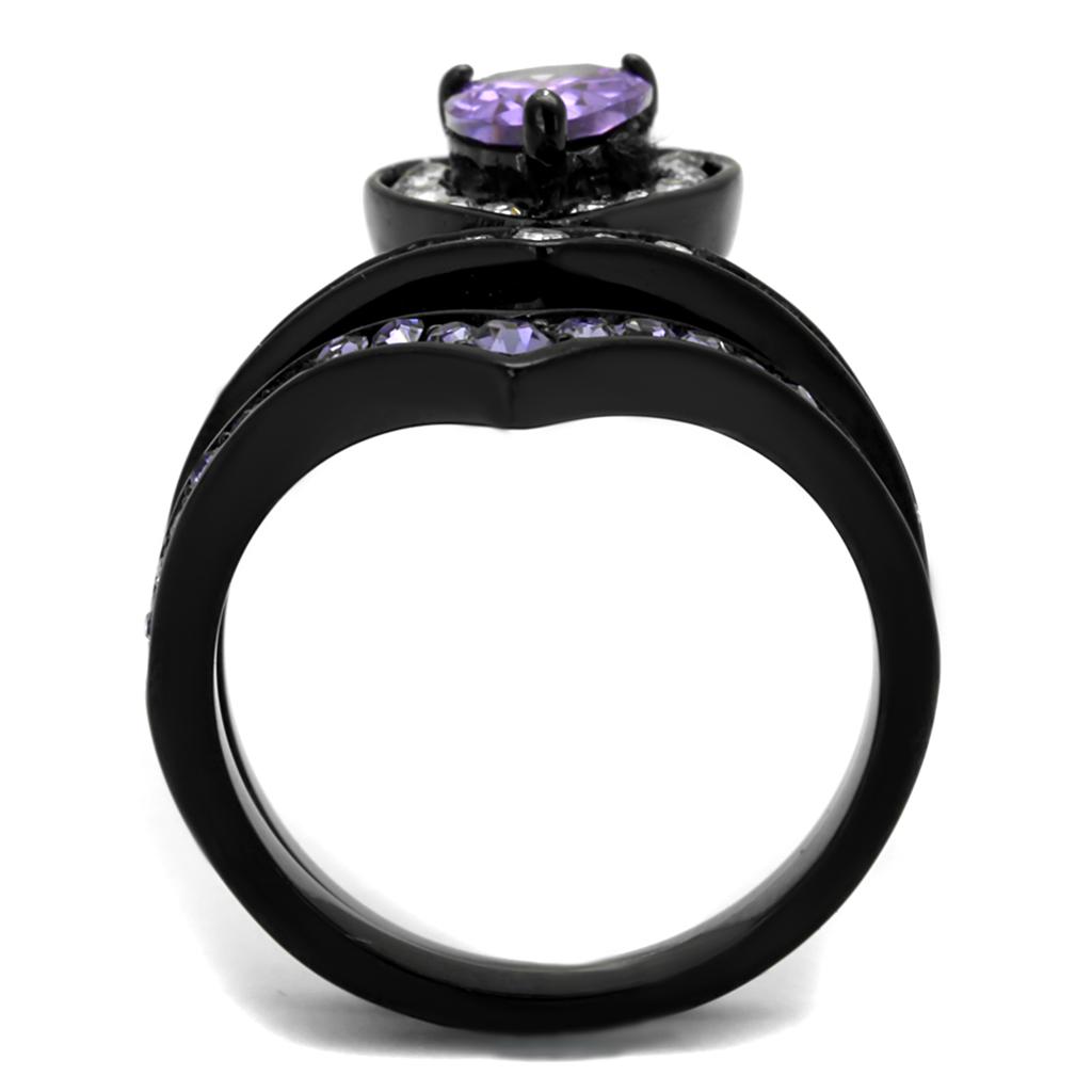 Elegant Women Stainless Steel Ring with Cubic Zirconia and Amethyst, featuring IP Black Ion Plating.