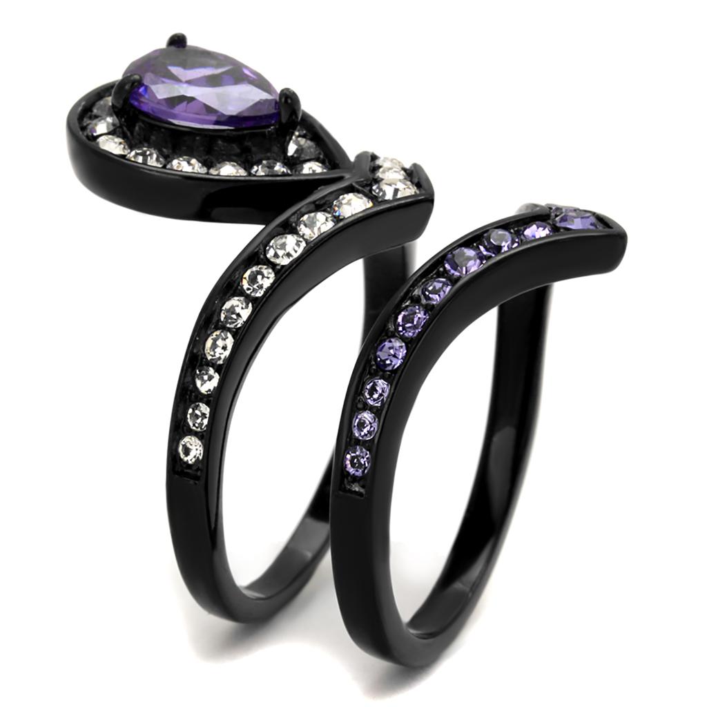 Elegant Women Stainless Steel Ring with Cubic Zirconia and Amethyst, featuring IP Black Ion Plating.