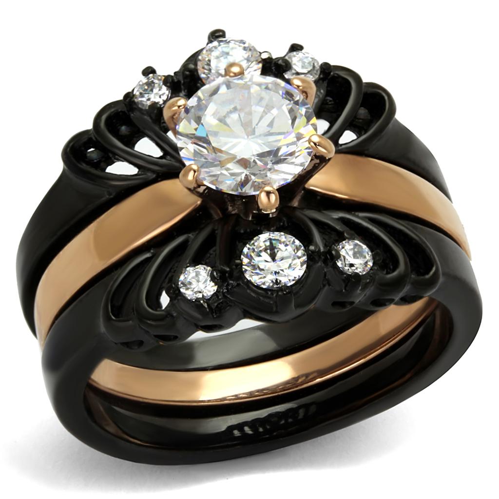 Women Stainless Steel Cubic Zirconia Ring in IP Rose Gold and Black, showcasing sparkling stones and elegant design.