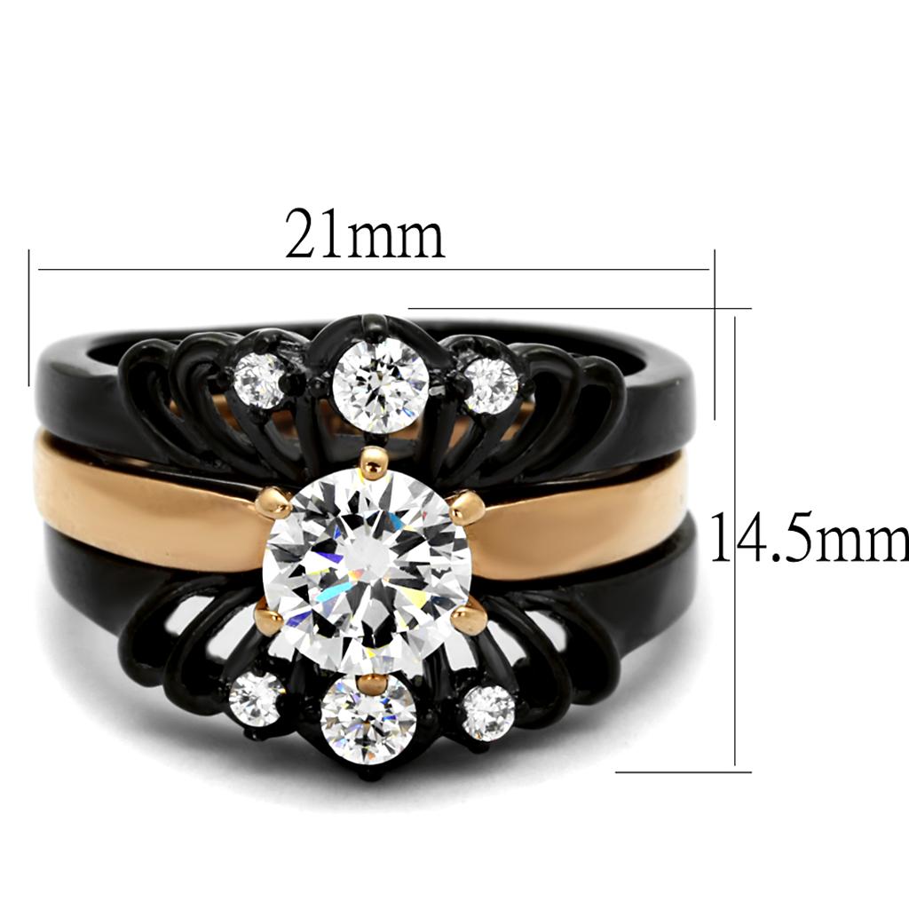 Women Stainless Steel Cubic Zirconia Ring in IP Rose Gold and Black, showcasing sparkling stones and elegant design.