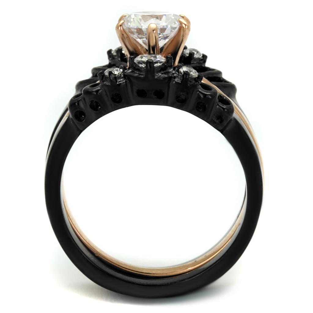 Women Stainless Steel Cubic Zirconia Ring in IP Rose Gold and Black, showcasing sparkling stones and elegant design.