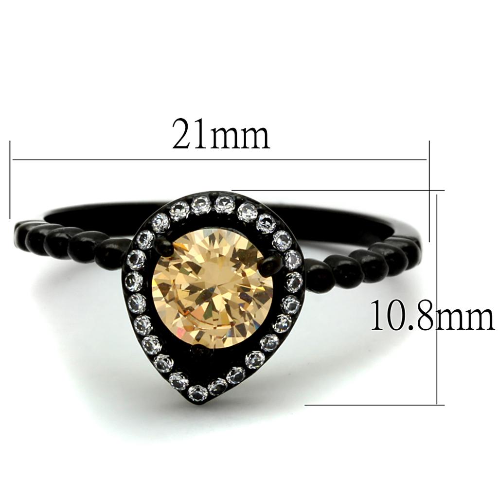 Elegant women's stainless steel ring with champagne cubic zirconia and IP black ion plating.