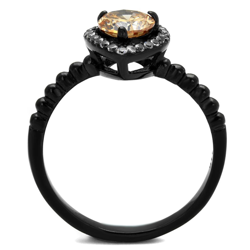 Elegant women's stainless steel ring with champagne cubic zirconia and IP black ion plating.