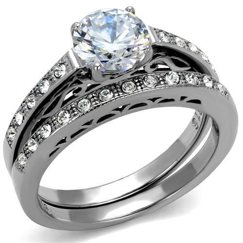 Elegant women's stainless steel ring featuring clear cubic zirconia stones, high polished finish.